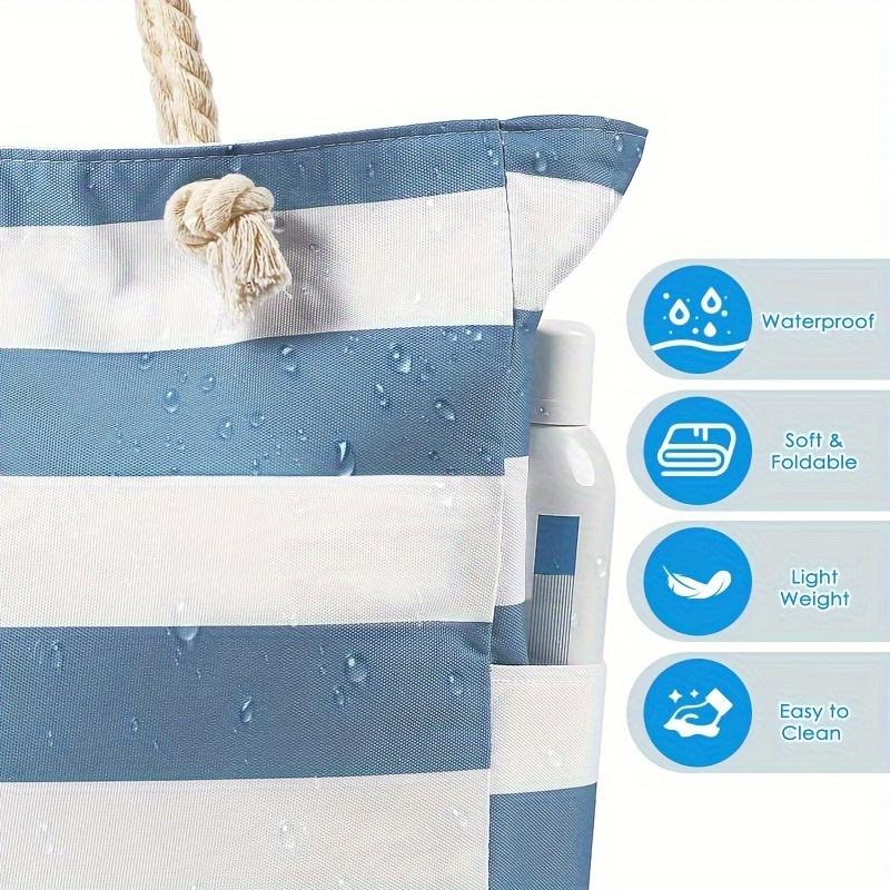 Blue White Horizontal Stripe Rope Handle Zipper Large Capacity Summer Shoulder Daily Bag