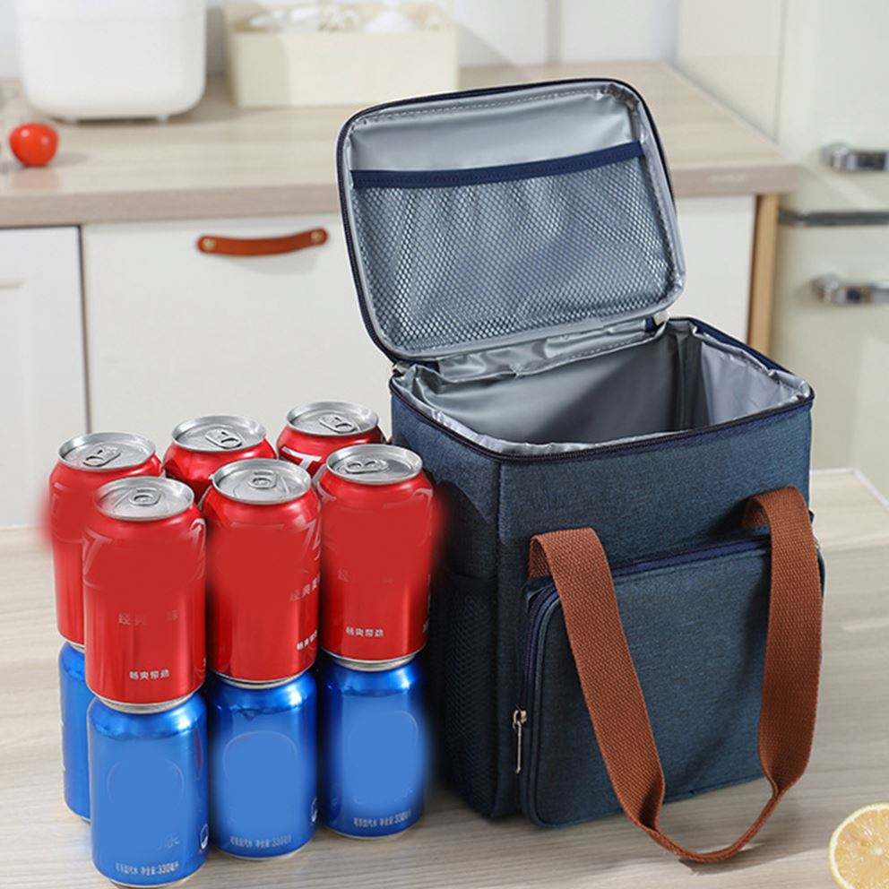 Dark Blue Brown Strap Portable Insulated Food Daily Bag