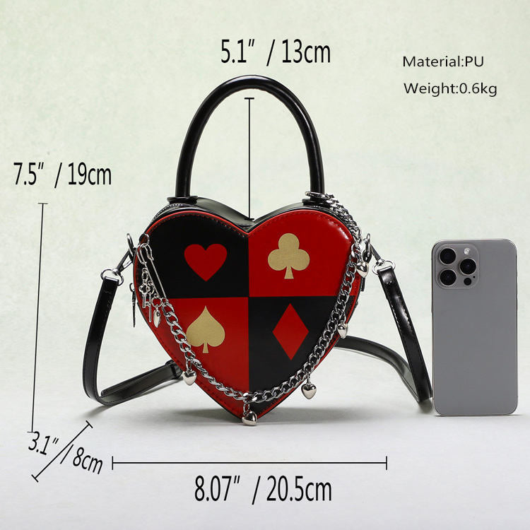 Red Black Poker Pattern Heart Shape Chain Decor Handheld Crossbody Daily Bag