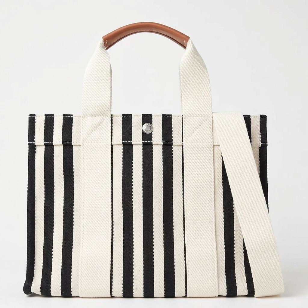 Multi-Color Vertical Stripe Leather Handle Snap Button Convertible Tote Daily Bag