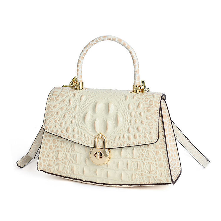 Off White Croc Embossed Lock Closure Handle Convertible Crossbody Daily Bag
