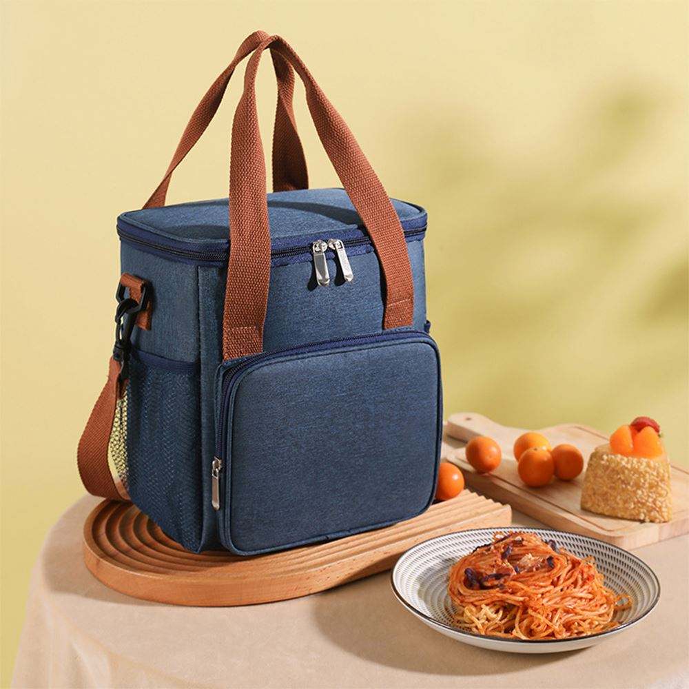 Dark Blue Brown Strap Portable Insulated Food Daily Bag