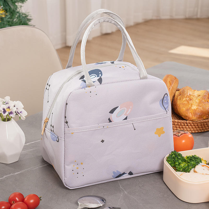 Light Grey Space Print Zipper Handheld Insulated Daily Bag