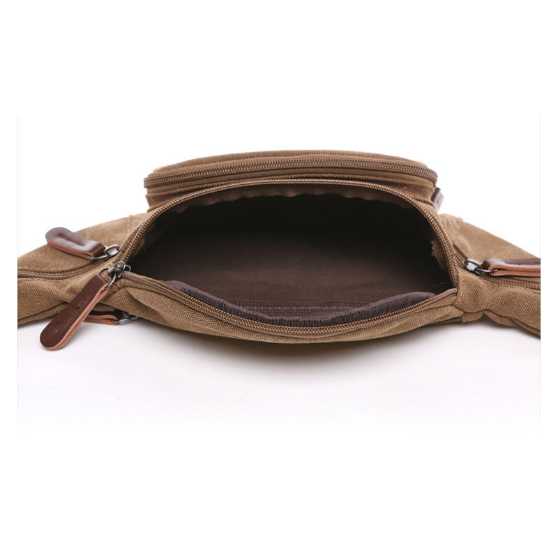 7 Inches Vintage Brown Leather Pull Tab Multi-Zip Adjustable Waist Daily Bag