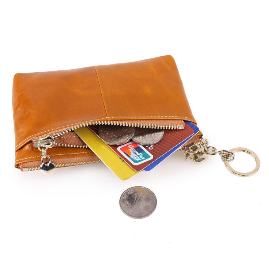 Vintage Tan Leather Zipper Keyring Mini Storage Daily Bag