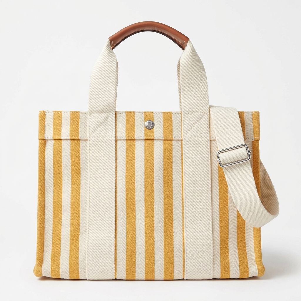 Multi-Color Vertical Stripe Leather Handle Snap Button Convertible Tote Daily Bag