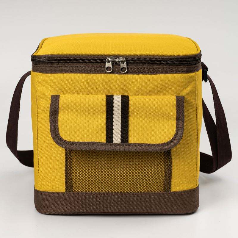 15 L Bright Yellow Brown Trim Striped Pocket Crossbody Thermal Daily Bag