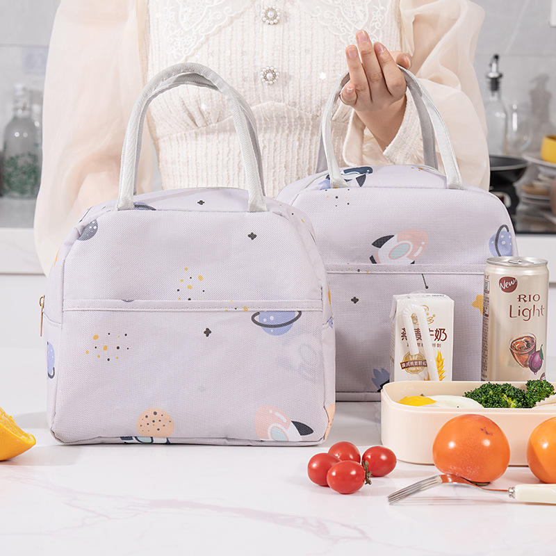 Light Grey Space Print Zipper Handheld Insulated Daily Bag