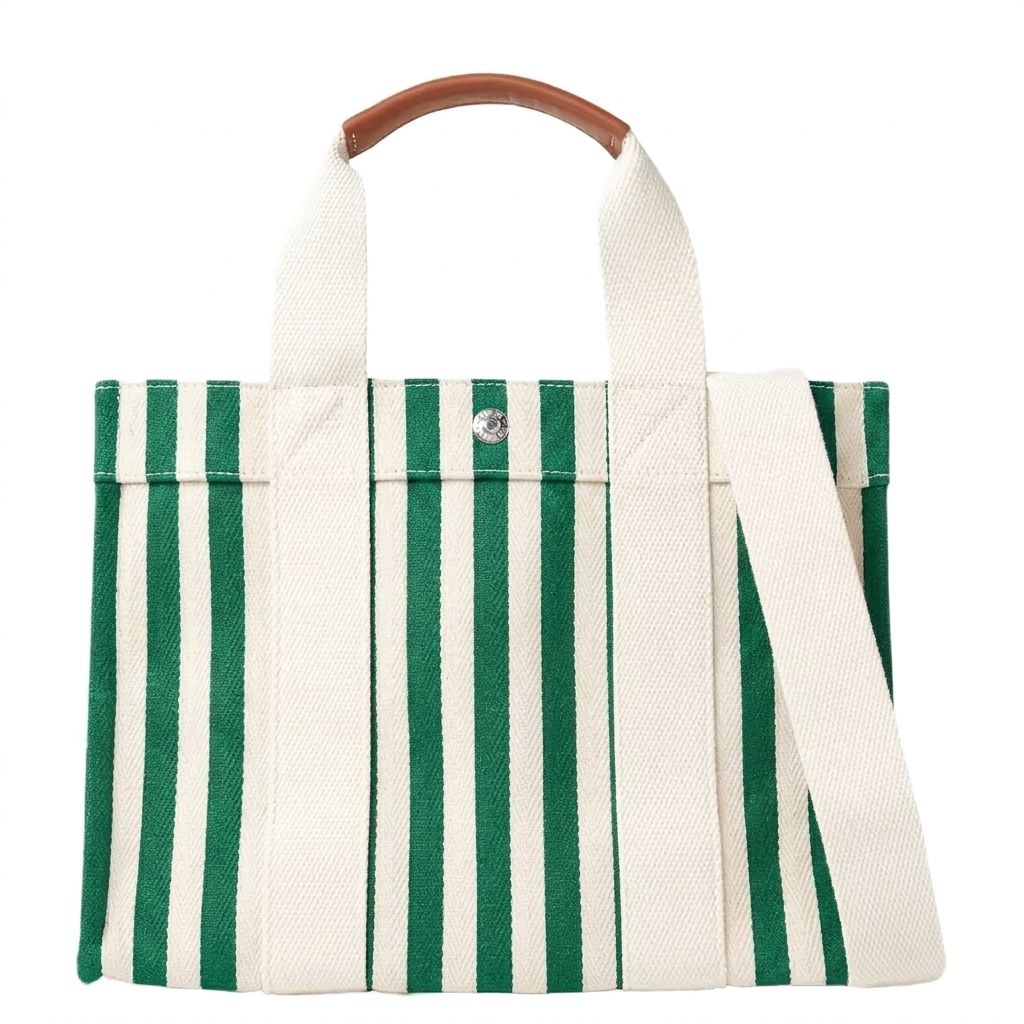 Multi-Color Vertical Stripe Leather Handle Snap Button Convertible Tote Daily Bag