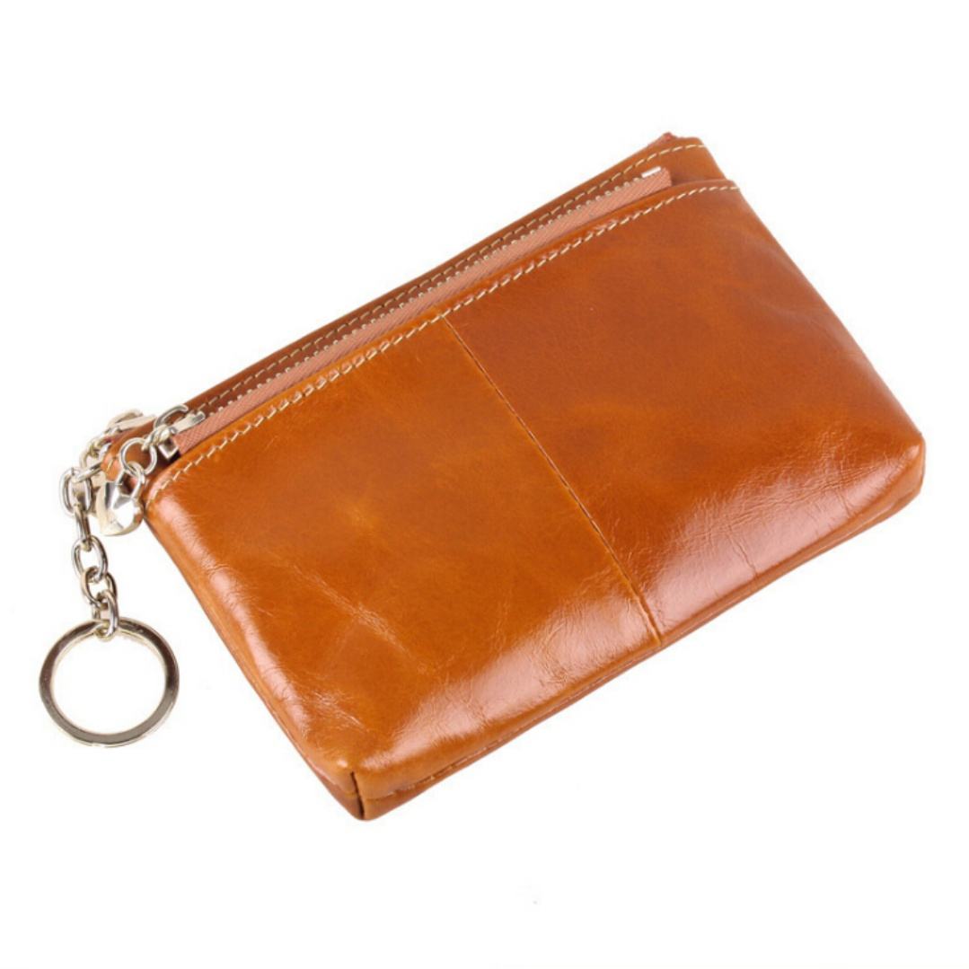 Vintage Tan Leather Zipper Keyring Mini Storage Daily Bag