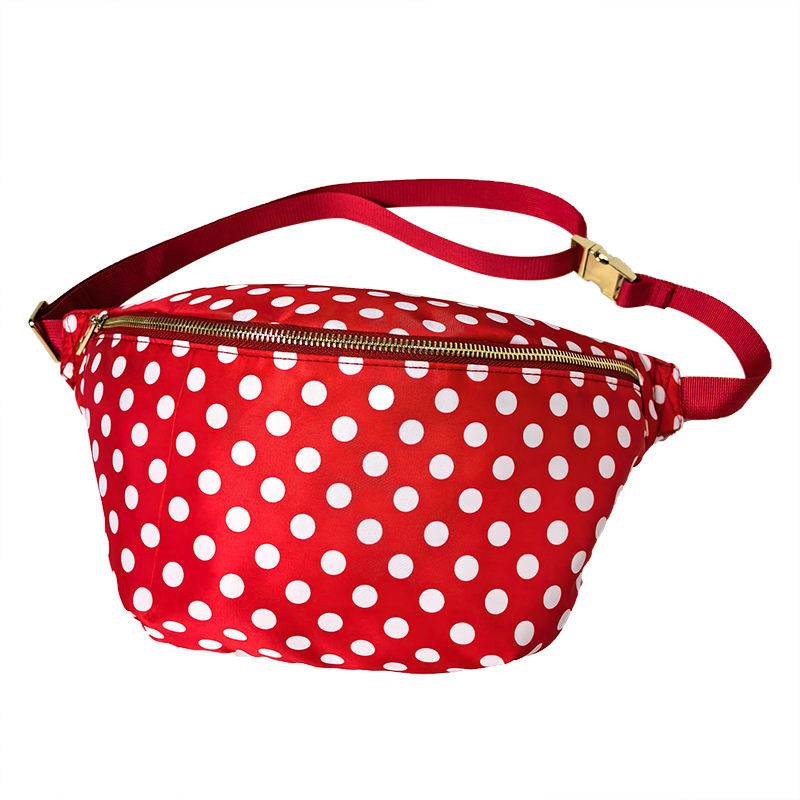 Red White Polka Dot Adjustable Strap Zipper Crossbody Waist Daily Bag