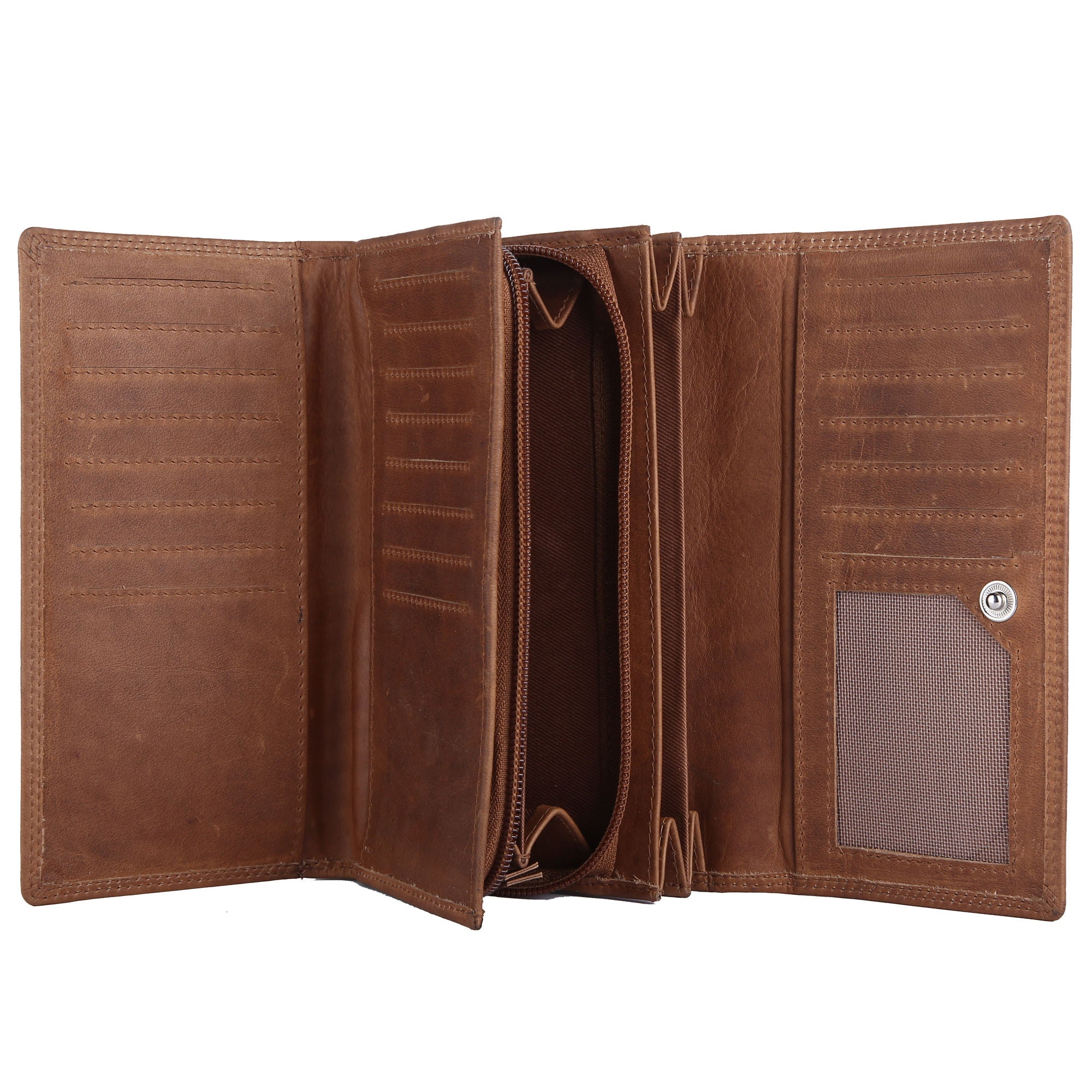 Vintage Brown Leather Trim Multi-Slot Long Foldable Daily Storage Bag