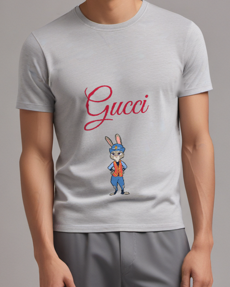 Light Gray Rabbit Orange Vest Portrait Graphic T-Shirt - model wearing view