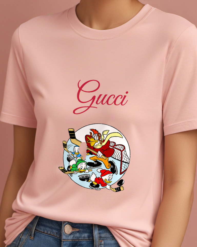 Blush Pink Duck Family Hockey Players Graphic T-Shirt - model wearing view