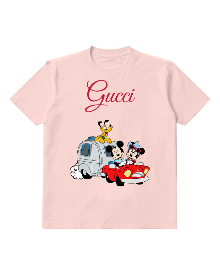 Blush Pink Mickey And Minnie Driving Red Car With Pluto On Roof Graphic T-Shirt - front product view