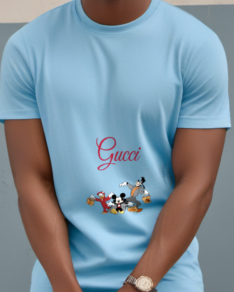 Sky Blue Mickey Mouse In Vampire Costume Graphic T-Shirt - model wearing view