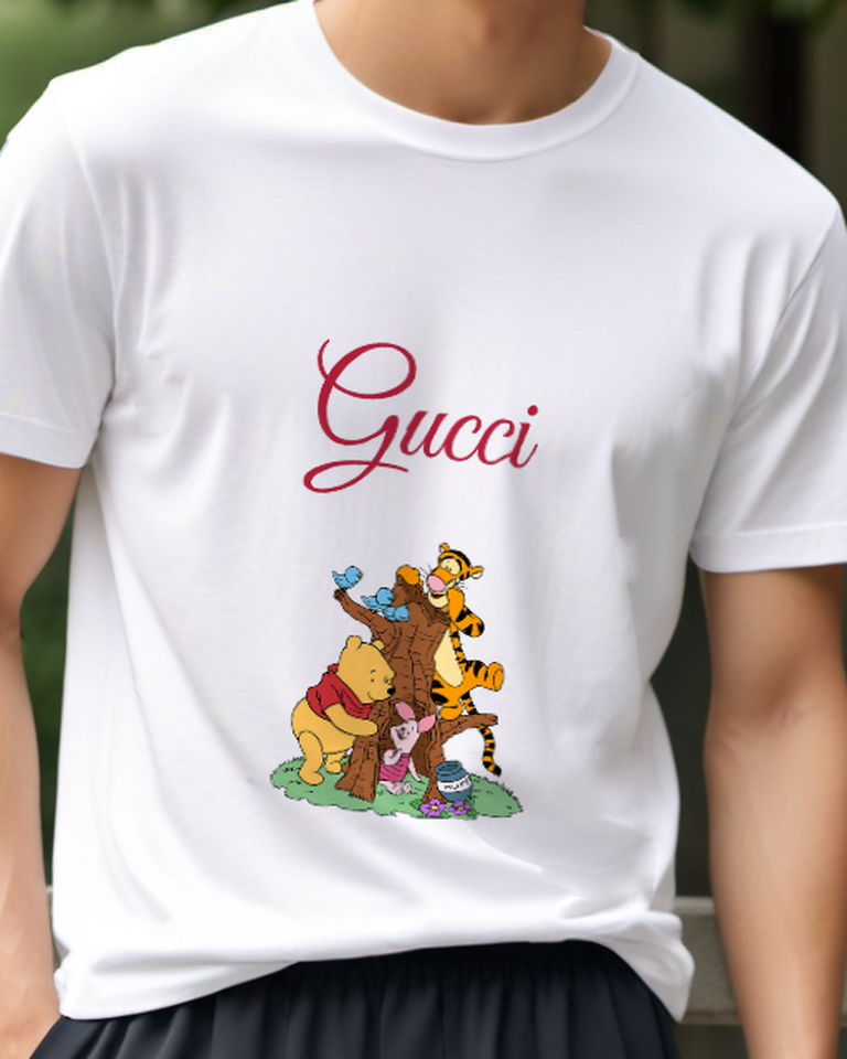 White Pooh Piglet And Tigger Near Tree Graphic T-Shirt - model wearing view