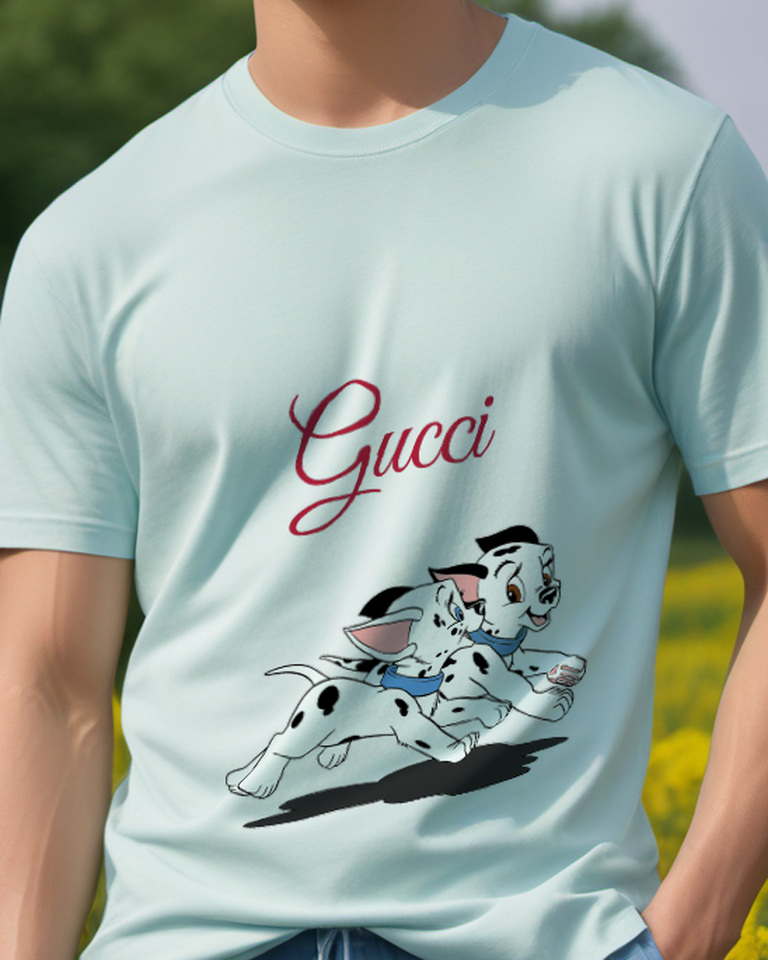 Sky Blue Two Puppies Running Together Graphic T-Shirt - model wearing view