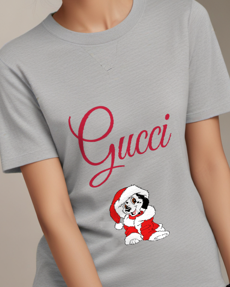 Light Gray Spotted Puppy Red Holiday Coat Graphic T-Shirt - model wearing view