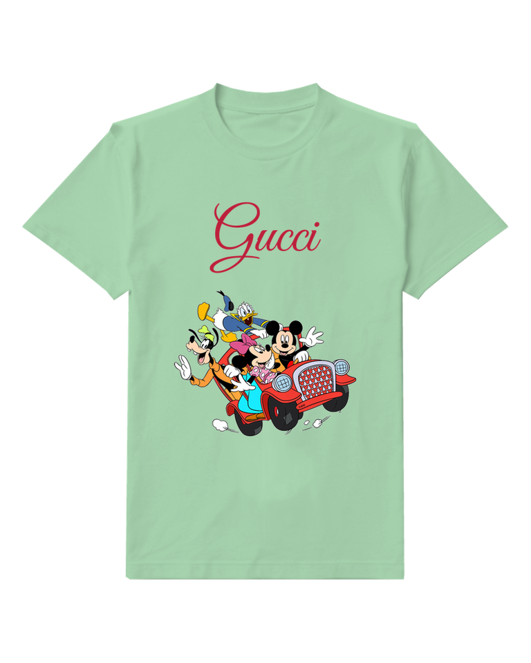 Sage Green Mickey And Minnie In Red Car With Friends Graphic T-Shirt - front product view
