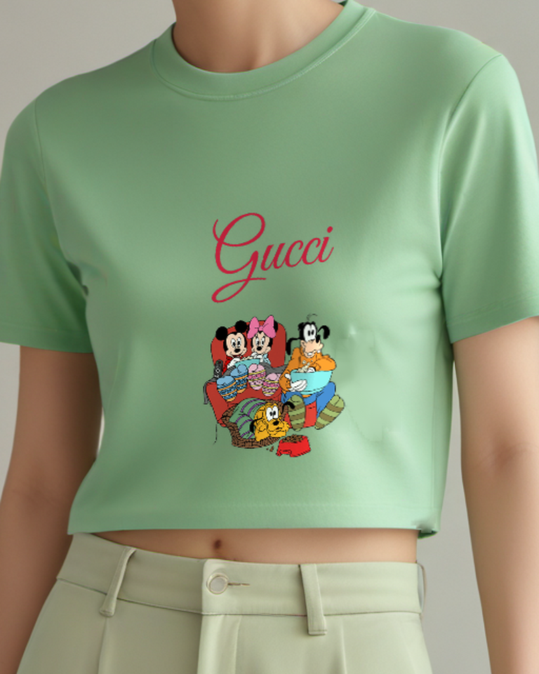 Sage Green Mickey Minnie Goofy Pluto Watching Tv Graphic T-Shirt - model wearing view