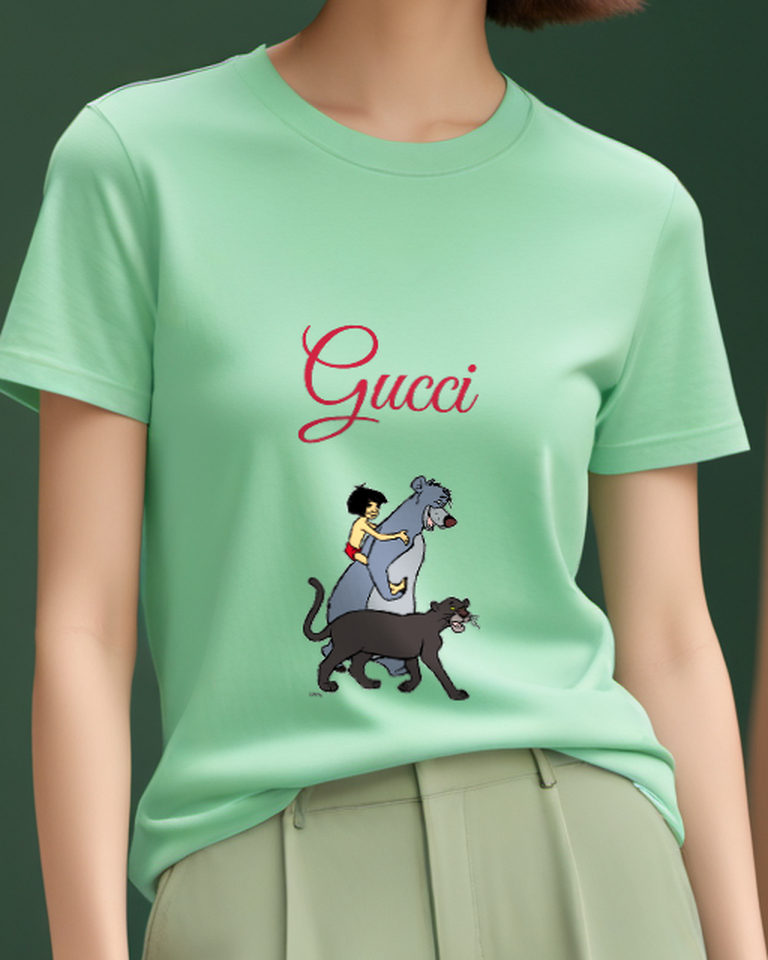 Sage Green Mowgli On Baloo With Bagheera Nearby Graphic T-Shirt - model wearing view
