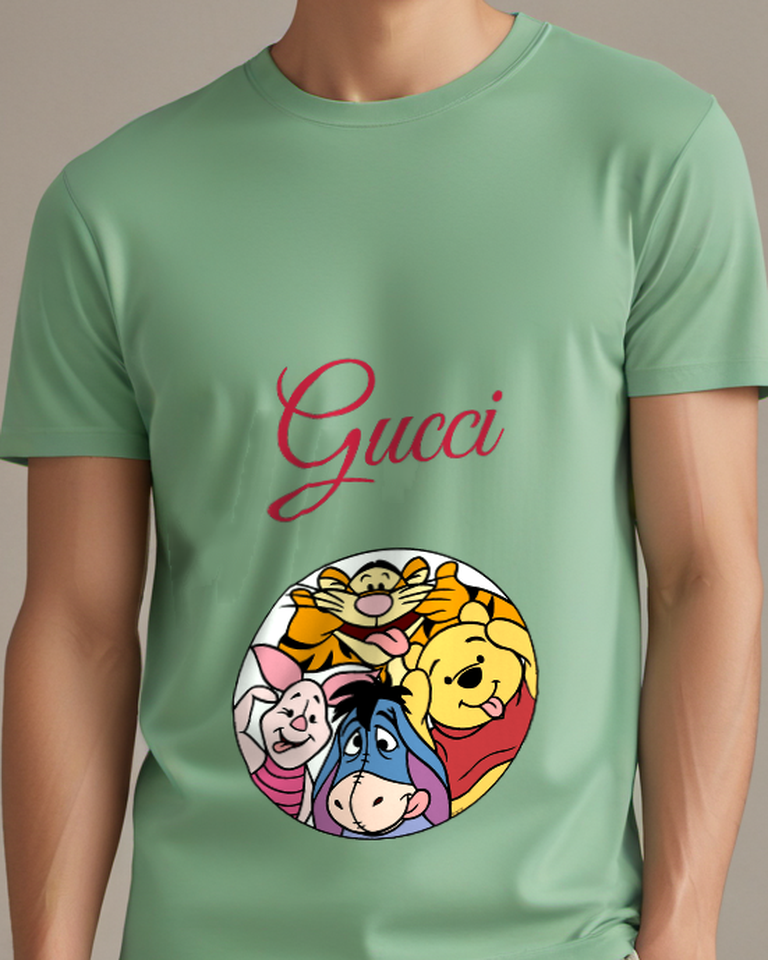 Sage Green Pooh Piglet Tigger In Circle Graphic T-Shirt - model wearing view