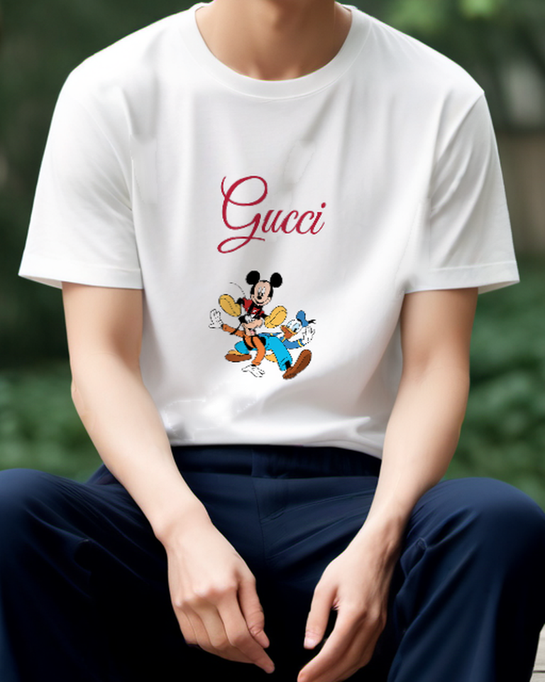 White Mickey Goofy Donald In Dynamic Poses Graphic T-Shirt - model wearing view