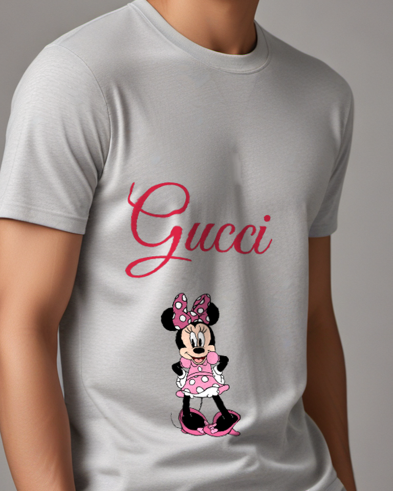 Gray Mouse Tiny Pink Dress Portrait Graphic T-Shirt - model wearing view