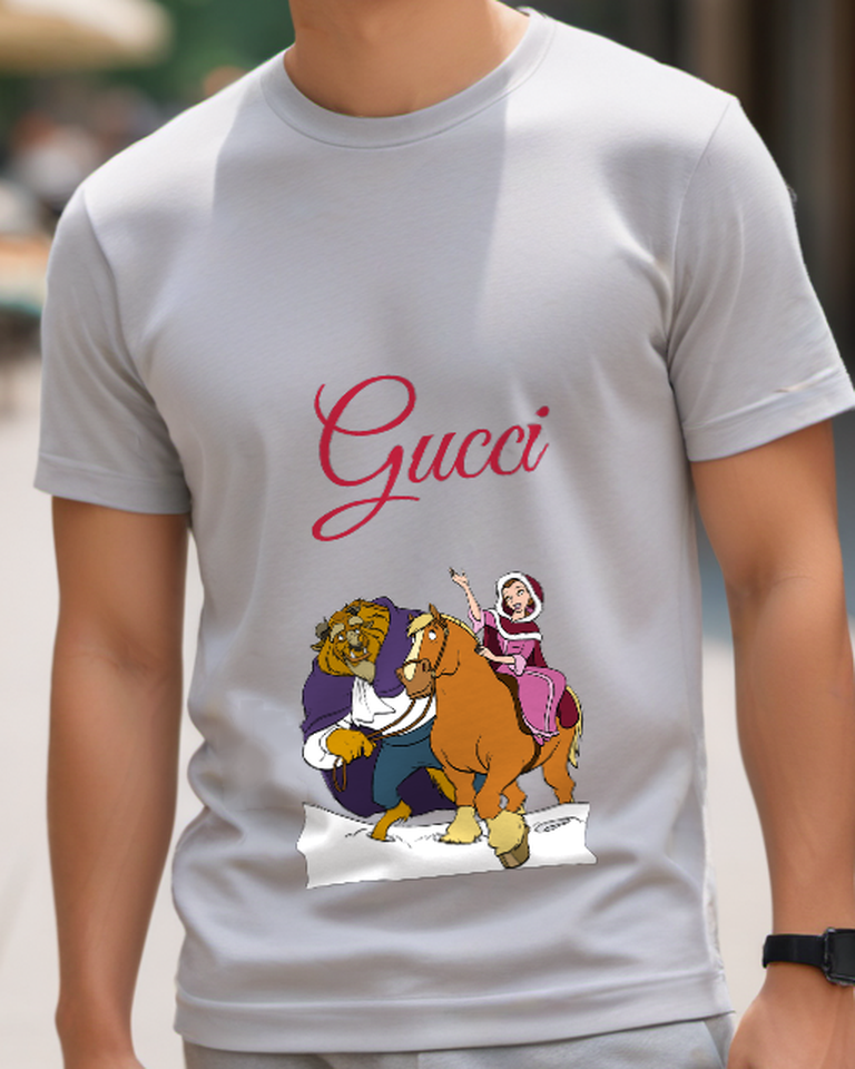 Gray Beast And Belle On Horseback Graphic T-Shirt - model wearing view