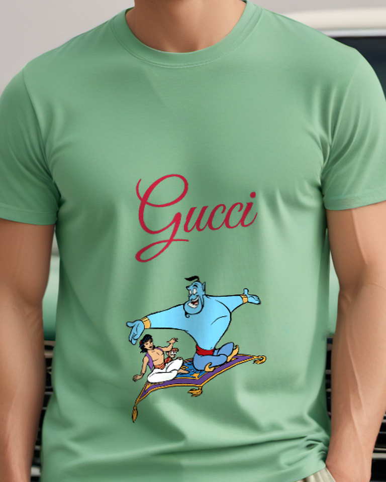 Sage Green Genie Aladdin Abu On Carpet Graphic T-Shirt - model wearing view