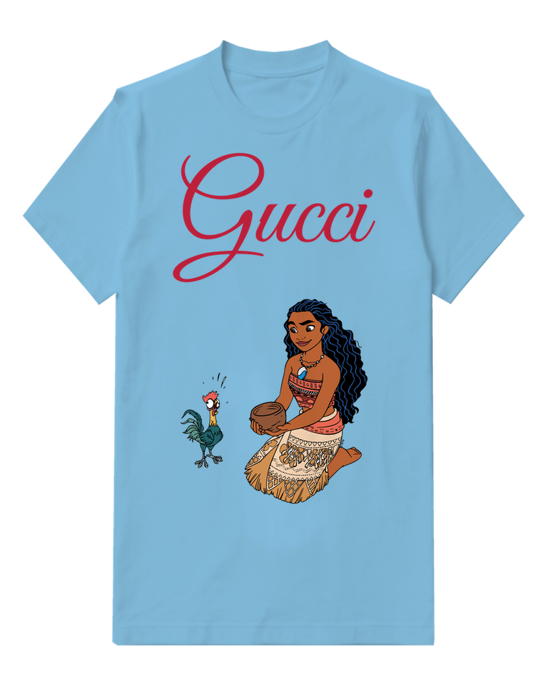 Sky Blue Seated Island Woman Rooster Graphic T-Shirt - front product view