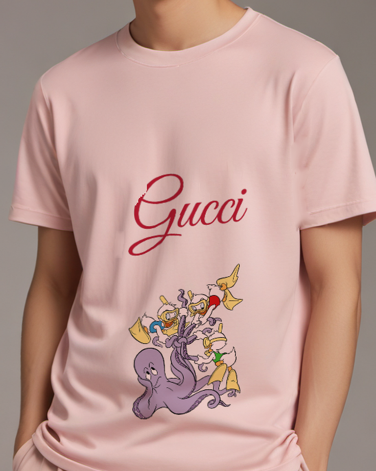 Blush Pink Three Ducklings Ride Octopus Tentacles Graphic T-Shirt - model wearing view