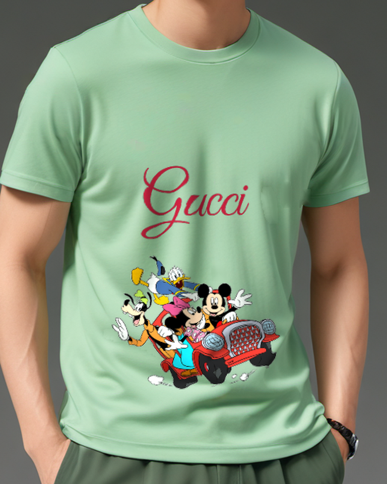 Sage Green Mickey And Minnie In Red Car With Friends Graphic T-Shirt - model wearing view
