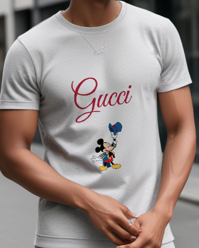 Light Gray Mouse Raised Blue Hat Graphic T-Shirt - model wearing view