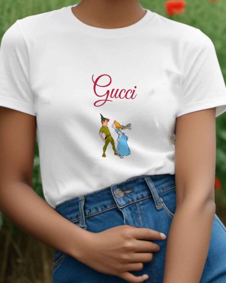 White Peter Pan Wendy Tinker Bell Kissing Graphic T-Shirt - model wearing view
