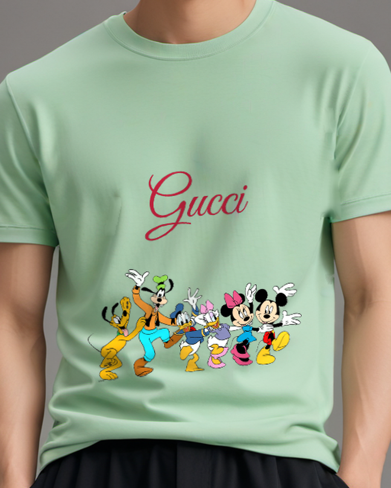 Sage Green Mickey Mouse Dancing With Friends Graphic T-Shirt - model wearing view