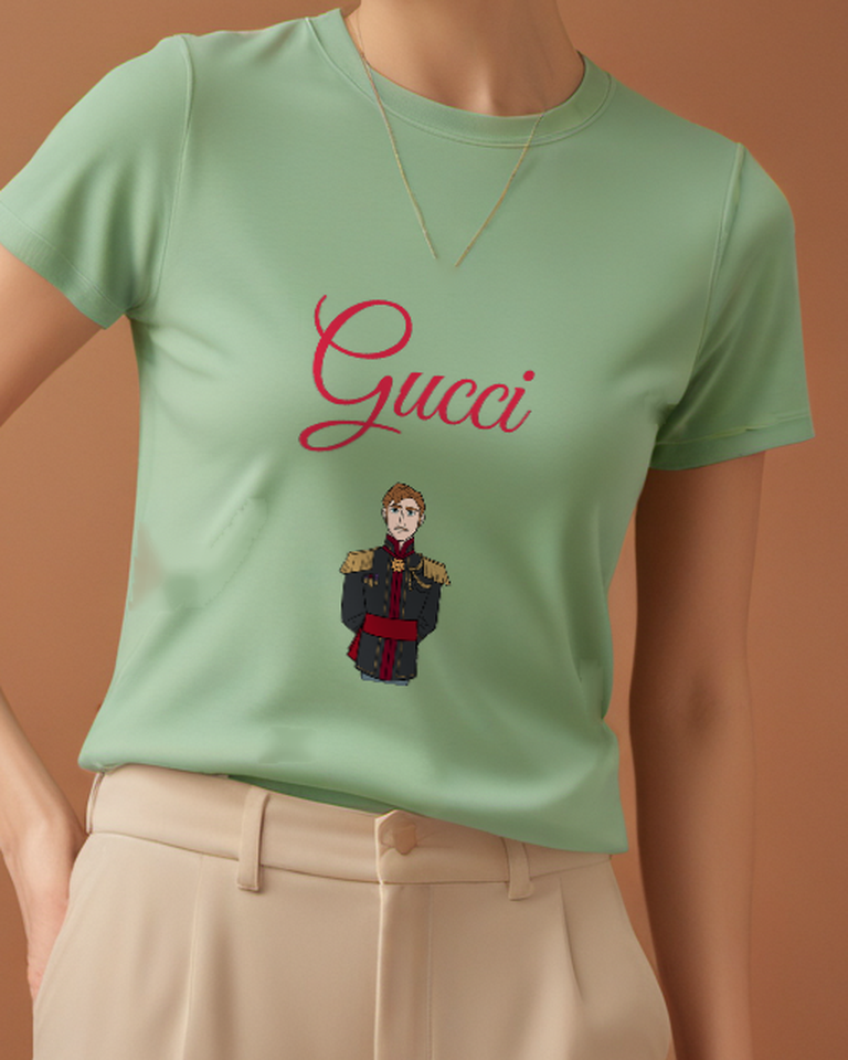 Sage Green Brown Haired Man Gold Epaulettes Graphic T-Shirt - model wearing view