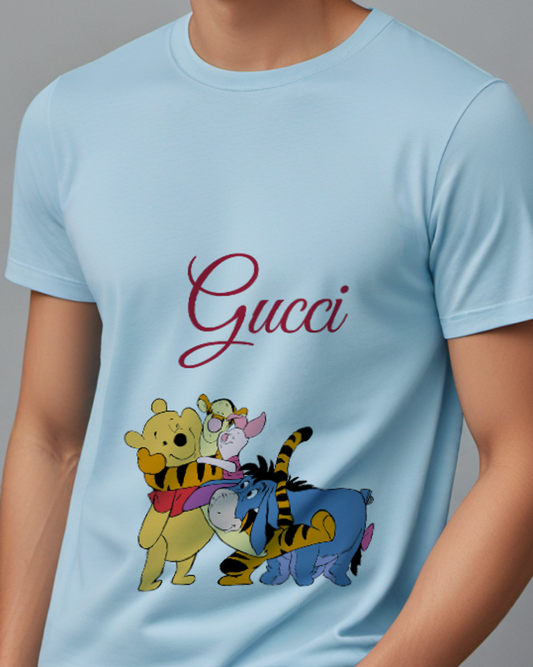 Sky Blue Pooh Piglet Tigger Eeyore Together Graphic T-Shirt - model wearing view
