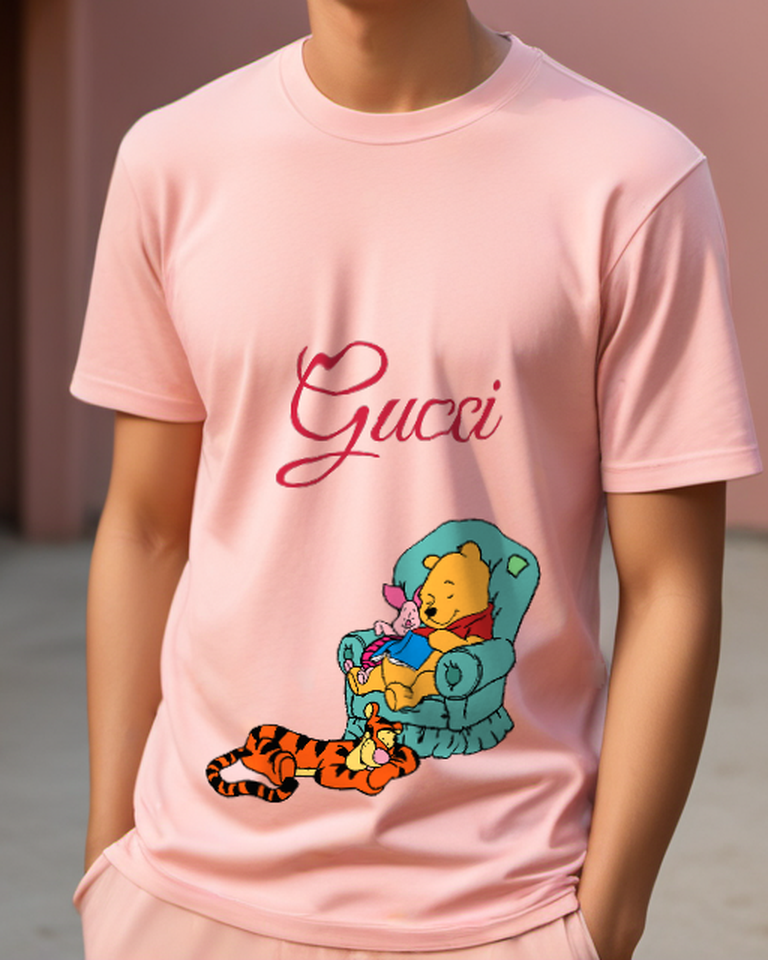 Blush Pink Pooh Piglet And Tigger Resting Together Graphic T-Shirt - model wearing view