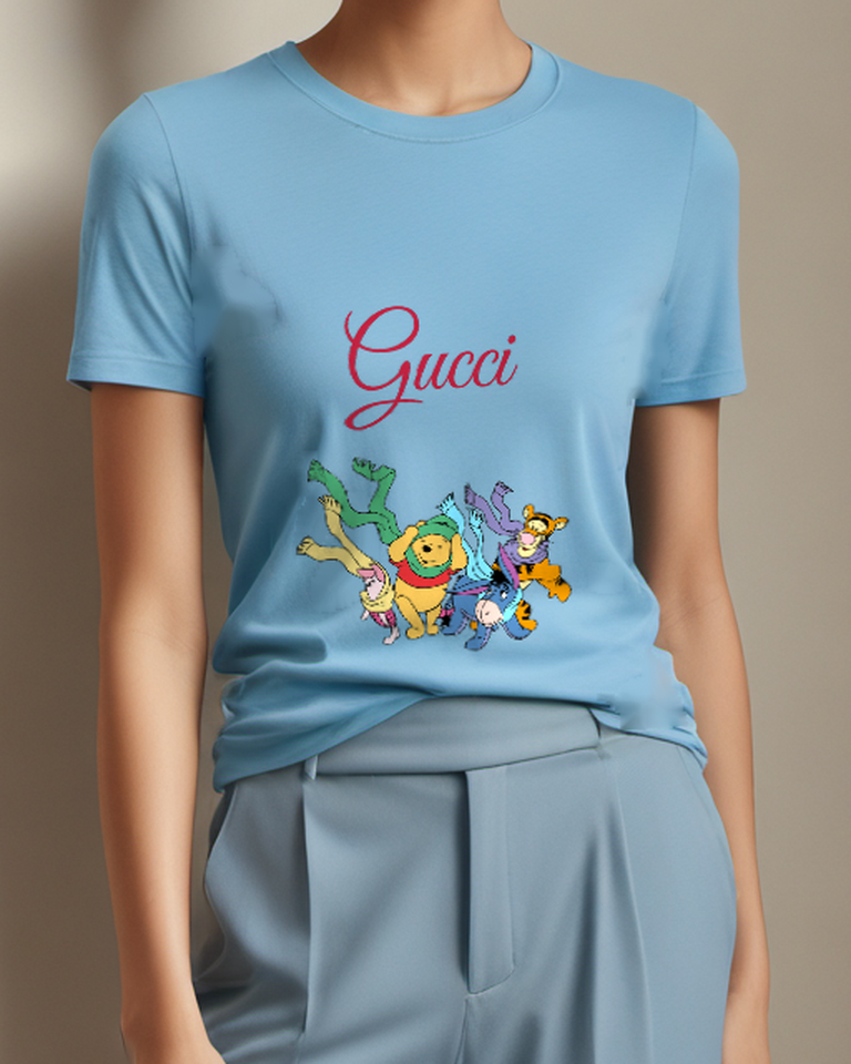 Sky Blue Pooh Piglet Tigger Eeyore Wear Scarves Graphic T-Shirt - model wearing view