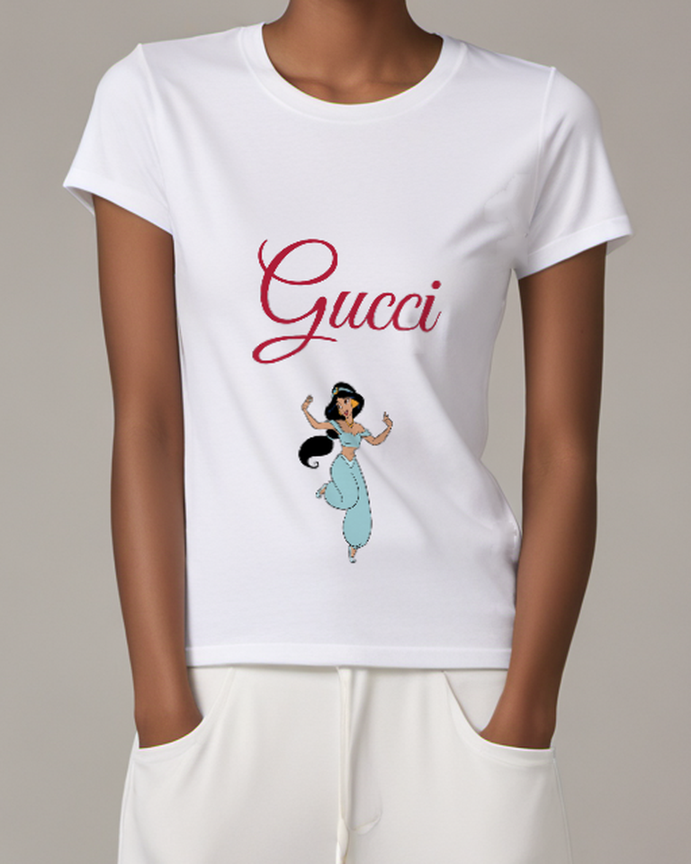 White Turquoise Princess Arms Open Graphic T-Shirt - model wearing view