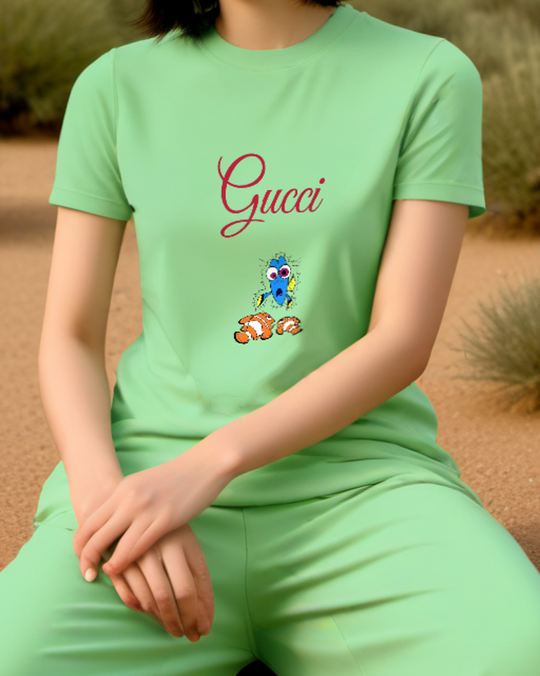 Sage Green Dory Shocked Nemo And Another Clownfish Below Graphic T-Shirt - model wearing view