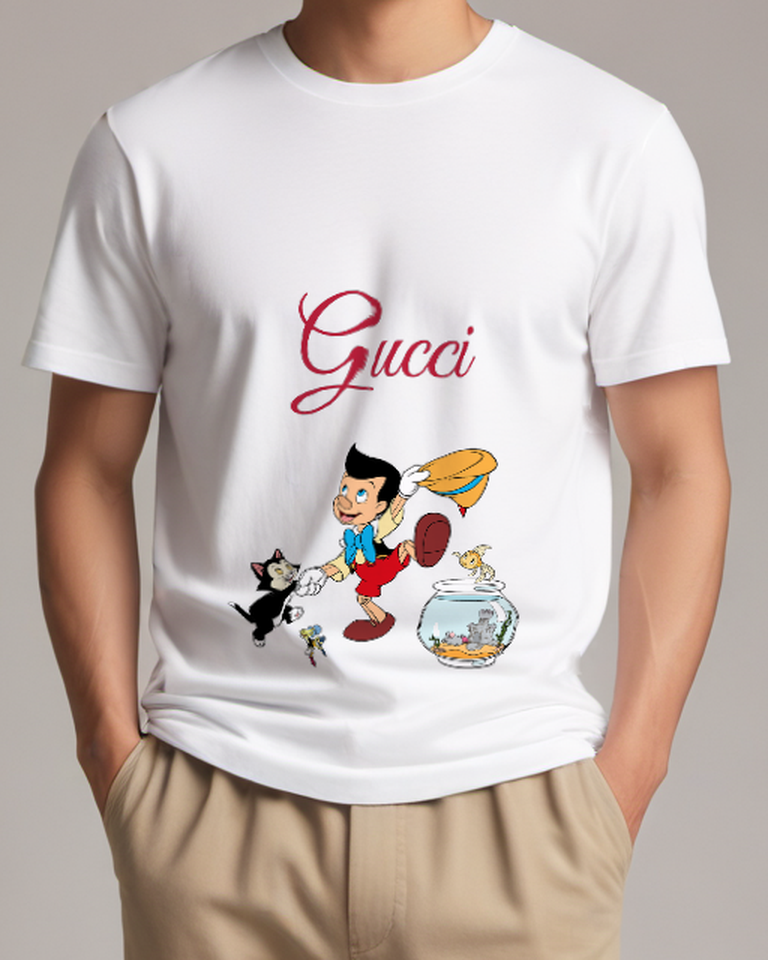 White Pinocchio Running With Cricket And Cat Graphic T-Shirt - model wearing view