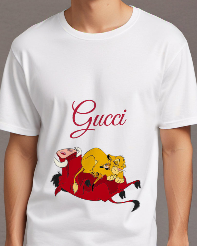 White Simba Timon Pumbaa Lying Together Graphic T-Shirt - model wearing view