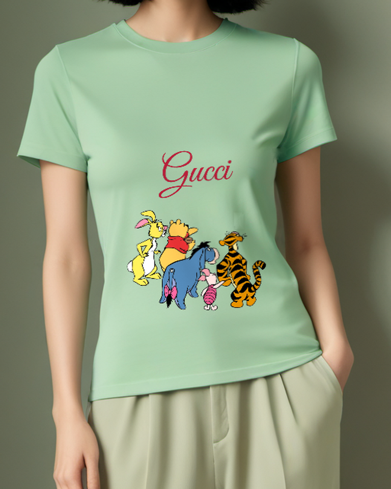 Sage Green Pooh Eeyore Piglet Tigger Rabbit Graphic T-Shirt - model wearing view