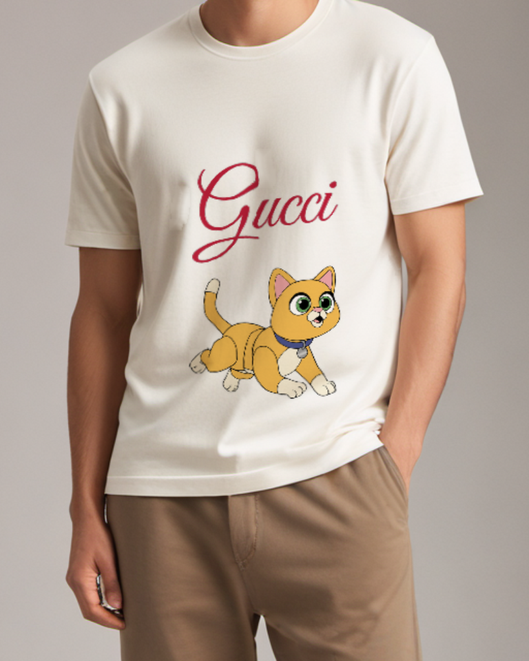 Light Gray Golden Kitten White Paws Graphic T-Shirt - model wearing view