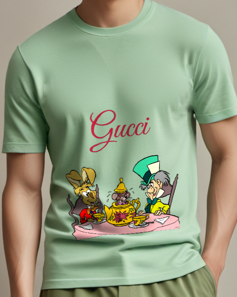 Sage Green March Hare Dormouse Mad Hatter At Tea Table Graphic T-Shirt - model wearing view