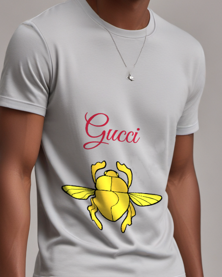 Light Gray Golden Winged Beetle Emblem Graphic T-Shirt - model wearing view