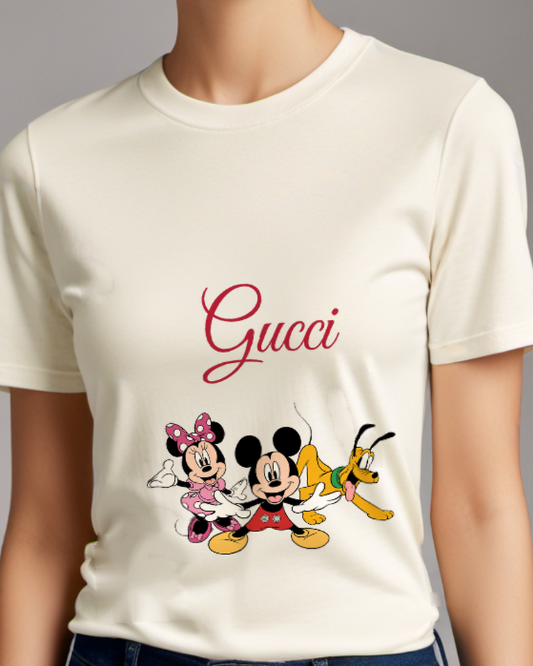 Ivory Mickey And Minnie Smiling Together Graphic T-Shirt - model wearing view